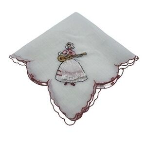 Vintage Handkerchief Hankie Embroidered Women Playing Guitar 11in x 11in